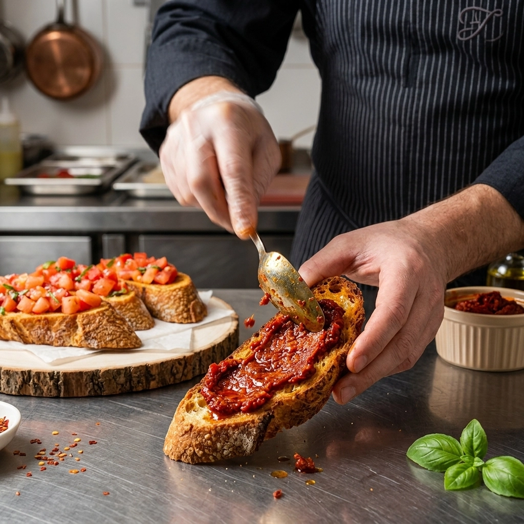 A chef's hands in a professional kitchen expertly spreading 'Nduja onto a piece of toasted artisanal breads—Italian specialty food wholesale NJ