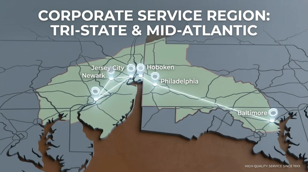 A distribution map showing Quattro Archi's service coverage for authentic Italian food across New Jersey, Pennsylvania, Maryland, North Carolina, and Florida