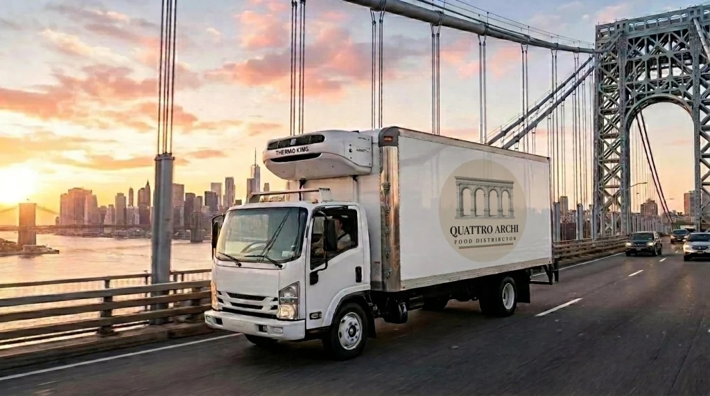 A white Quattro Archi delivery truck with the official logo driving through the Tri-State area, symbolizing reliable food distribution services in New Jersey and New York