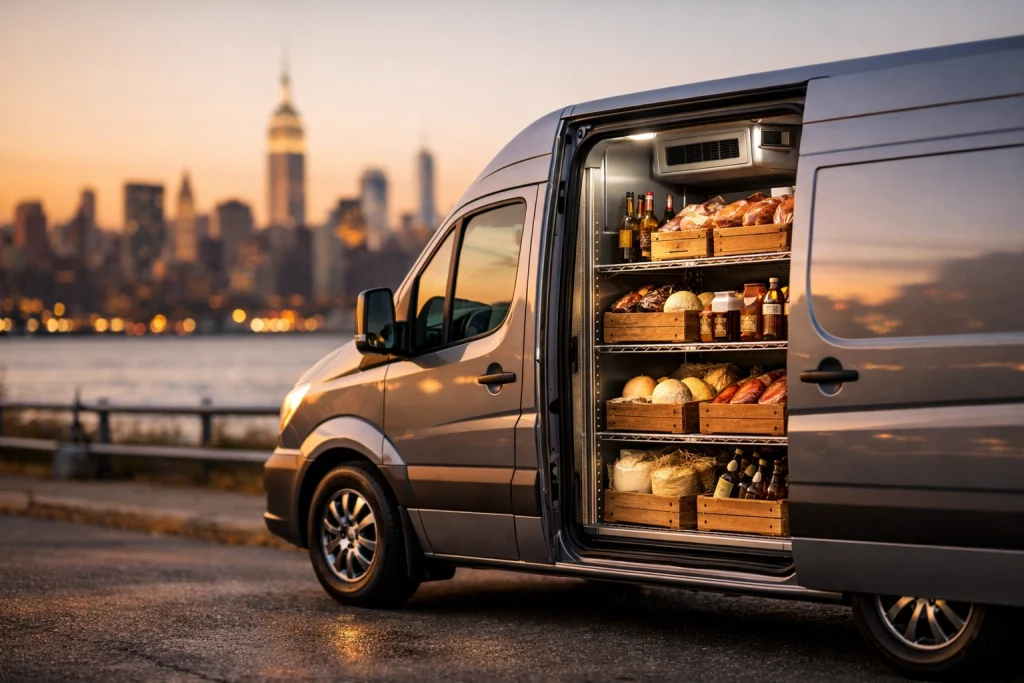 A Quattro Archi delivery van on a Tri-State route, providing reliable food distribution services for authentic Italian products in NJ, NY, and CT.