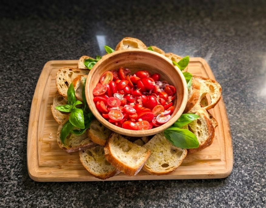 Authentic Italian products wholesale: fresh bruschetta prepared with ingredients from a gourmet food distributor NJ.