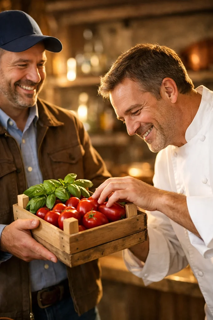 Italian food distributor representative and restaurant chef inspecting fresh wholesale ingredients in a kitchen.Personalized restaurant food supply NJ service with a chef and Italian food distributor discussing authentic products.