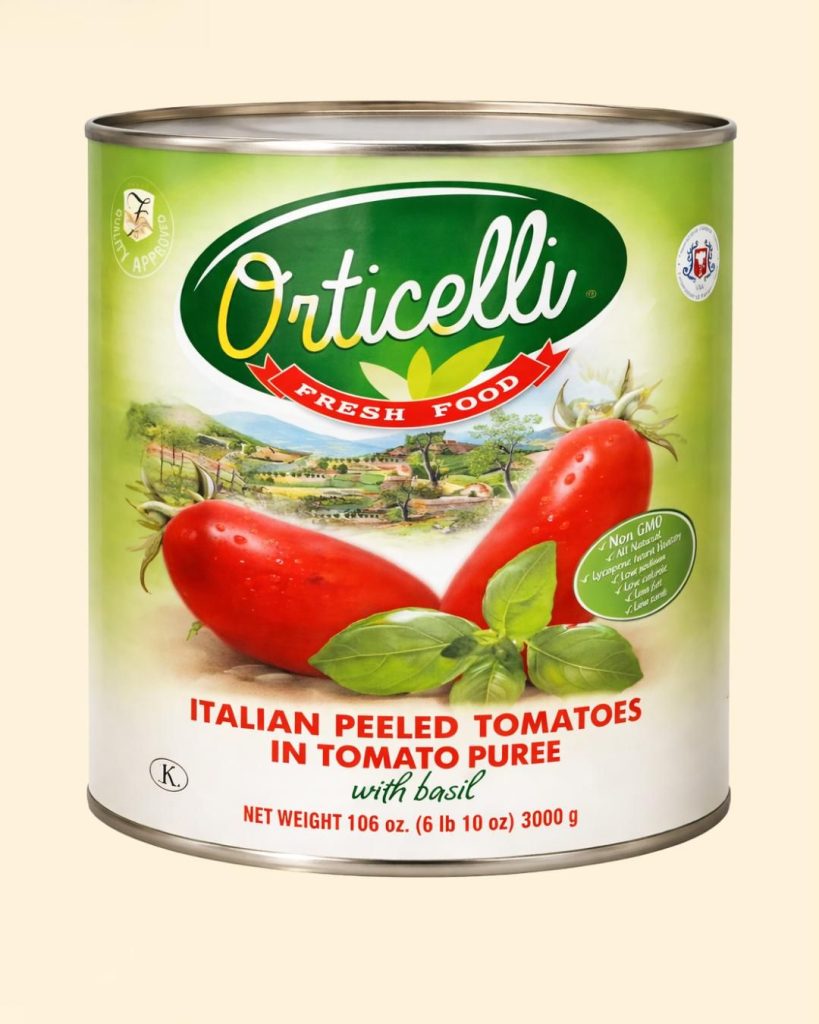 Orticelli Italian peeled tomatoes in 3000g cans for high-volume Florida restaurant food supply.